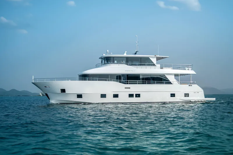 Slide: The Image of 2024 Nomad 75 SUV yacht cruising on open water under clear skies. - 41