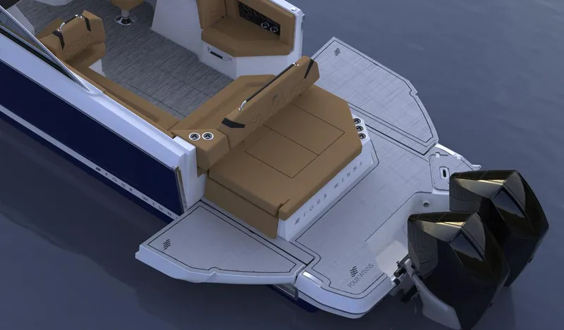 Slide: The Image of 2025 Four Winns H9C boat with spacious seating and dual outboard motors on water. - 10