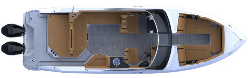Slide: The Image of Top view of 2025 Four Winns H9C boat with spacious seating and dual engines. - 11