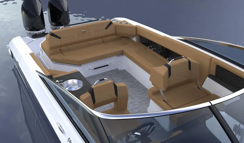 Slide: The Image of 2025 Four Winns H9C boat interior with tan seating and dual outboard motors. - 13
