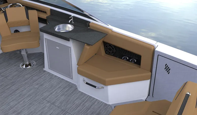 Slide: The Image of 2025 Four Winns H9C boat interior with seating, sink, and storage. - 15
