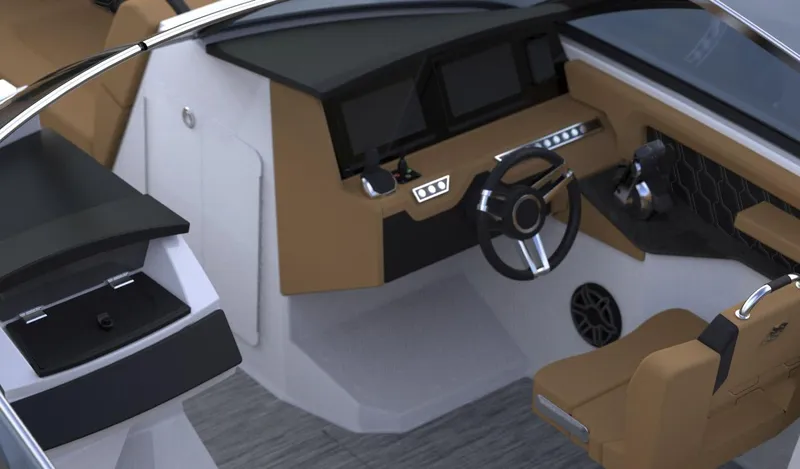 Slide: The Image of 2025 Four Winns H9C boat interior with modern dashboard and steering wheel design. - 16