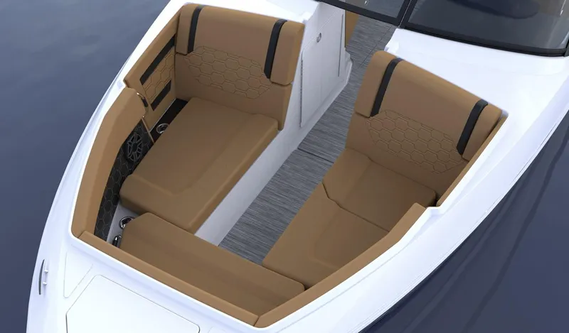 Slide: The Image of 2025 Four Winns H9C boat interior with tan seating and modern design. - 17