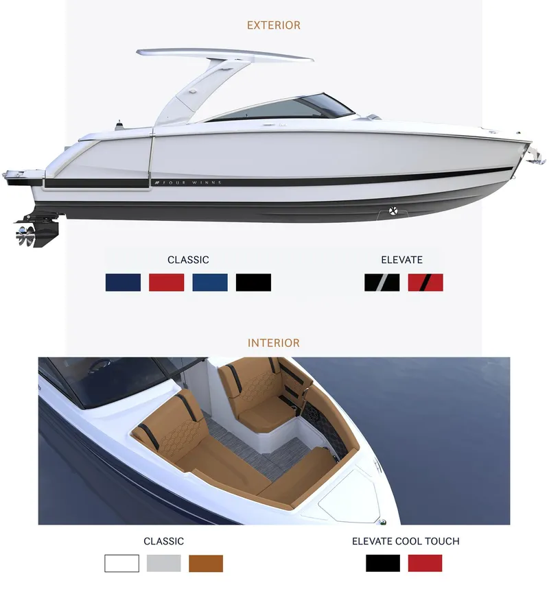 Slide: The Image of 2025 Four Winns H9C boat, exterior and interior color options displayed. - 18