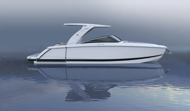 Slide: The Image of 2025 Four Winns H9C boat on calm water, showcasing sleek design and modern features. - 7