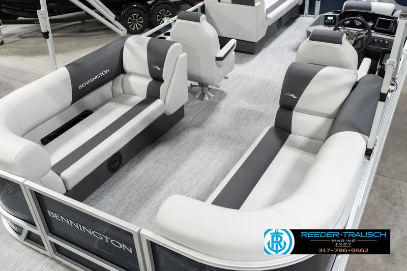 Slide: The Image of 2025 Bennington 22 SSR pontoon boat interior with gray and white seating. - 14