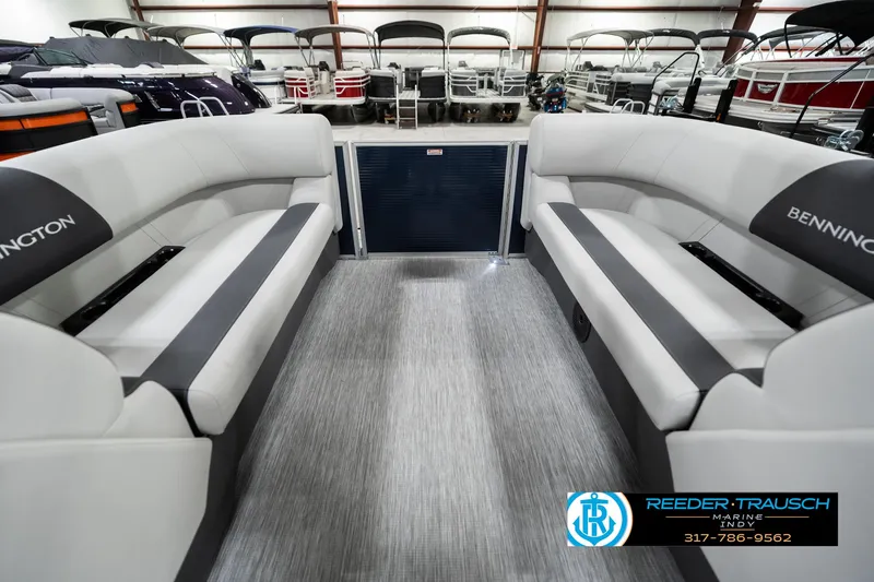 Slide: The Image of 2025 Bennington 22 SSR pontoon boat interior with gray seating and flooring. - 18