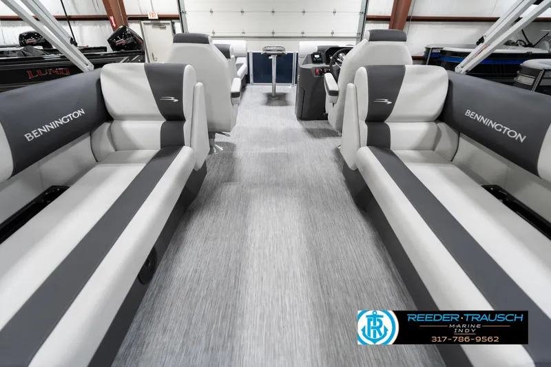 Slide: The Image of 2025 Bennington 22 SSR interior with gray seating and modern design. - 19