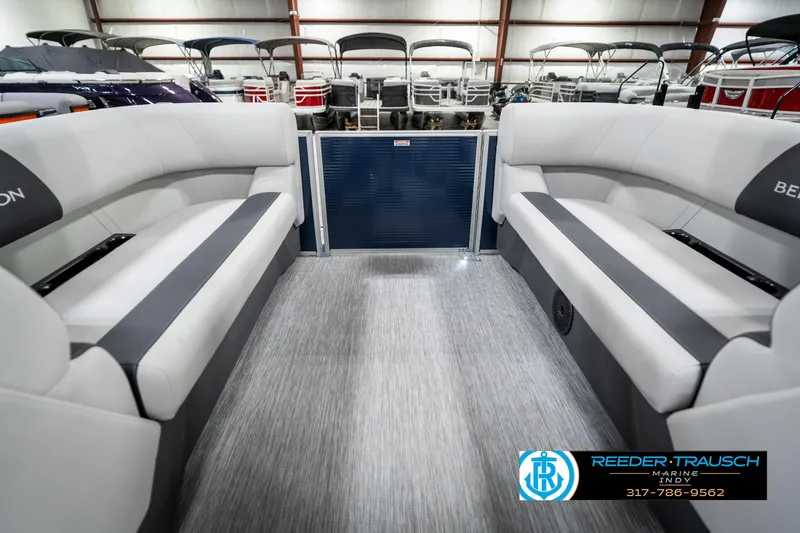Slide: The Image of 2025 Bennington 22 SSR pontoon boat interior with gray seating and flooring. - 26