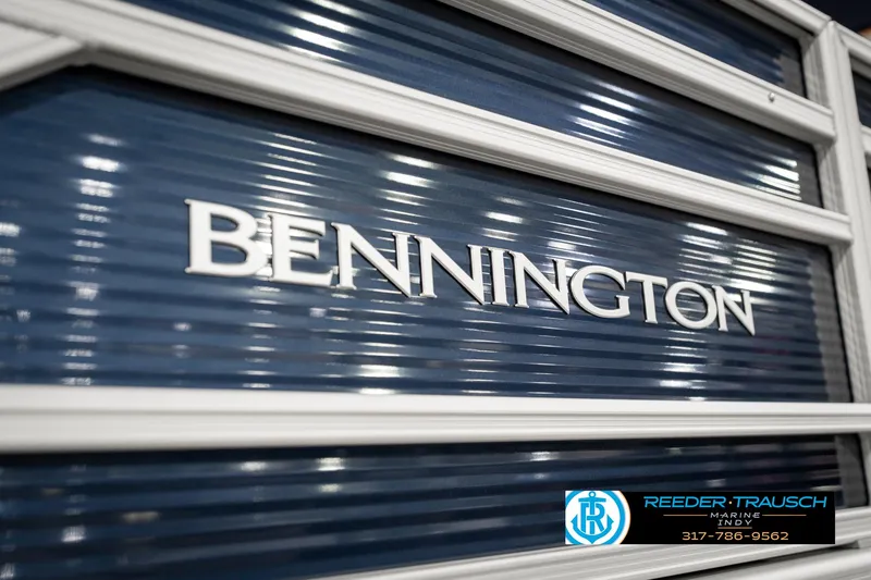 Slide: The Image of 2025 Bennington 22 SSR boat logo on a sleek, metallic surface. - 43