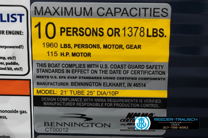 Slide: The Image of 2025 Bennington 22 SSR capacity label: 10 persons, 1378 lbs, 115 HP motor compliance. - 46