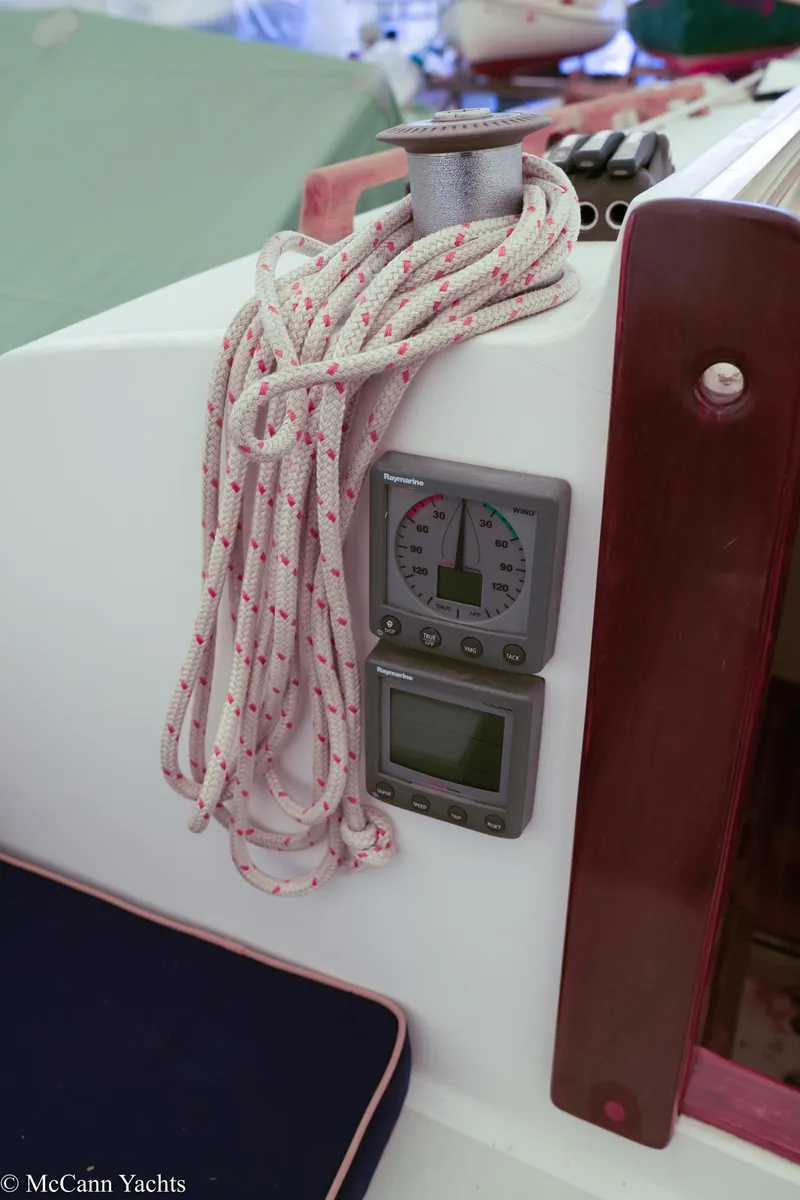 Slide: The Image of Close-up of 2002 Alerion Express 28 sailboat cockpit instruments and rope. - 7
