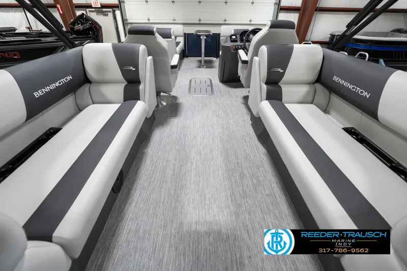 Slide: The Image of 2025 Bennington 22 SSR pontoon boat interior with gray seating and modern design. - 19