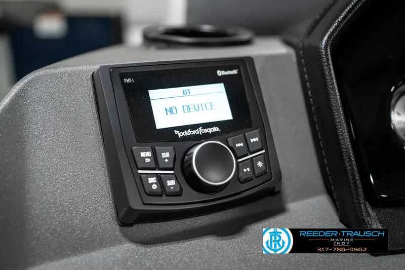 Slide: The Image of Bennington 22 SSR 2025 boat dashboard with Rockford Fosgate Bluetooth audio system. - 32