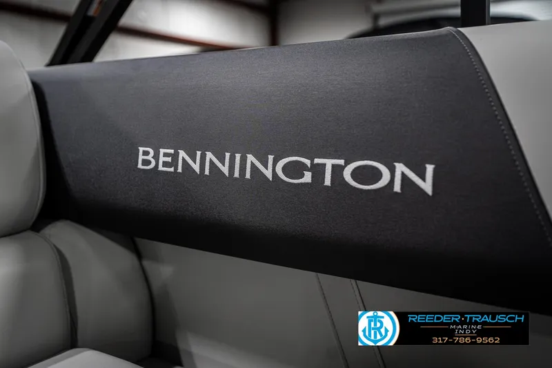 Slide: The Image of 2025 Bennington 22 SSR boat interior with branded upholstery, featuring sleek design and premium materials. - 39