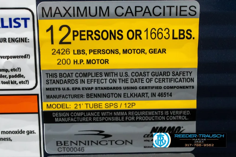 Slide: The Image of 2025 Bennington 22 SSR boat capacity label: 12 persons or 1663 lbs, 200 HP motor. - 48