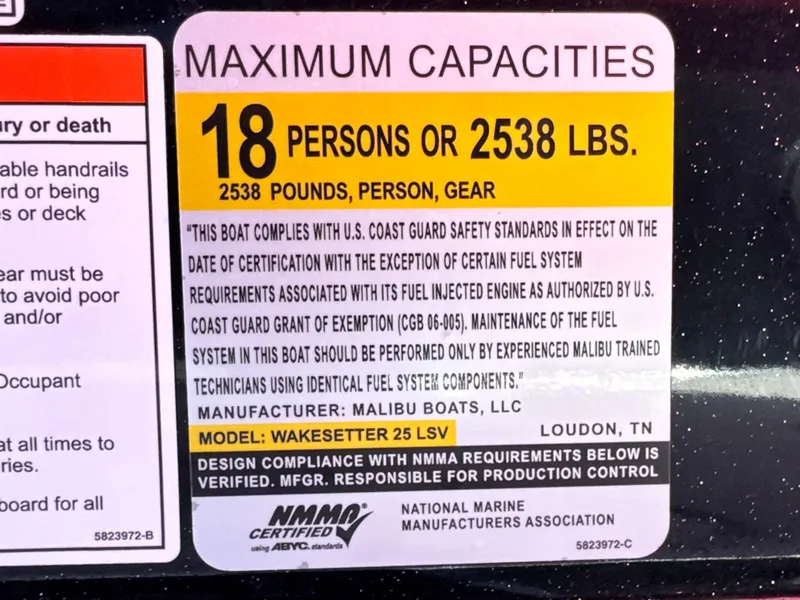 Slide: The Image of 2021 Malibu Wakesetter 25 LSV capacity label: 18 persons or 2538 lbs, NMMA certified. - 46