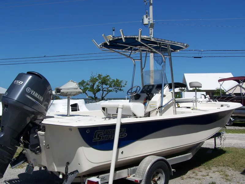 Slide: The Image of 2014 Carolina Skiff DLV 218 boat with Yamaha 150 engine on trailer. - 3