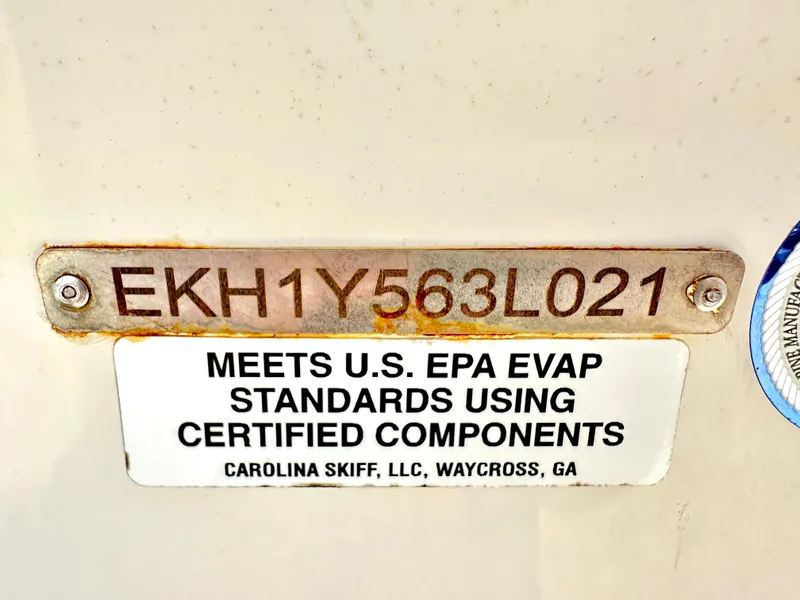 Slide: The Image of 2021 Carolina Skiff 21 LS compliance plate, meets U.S. EPA standards, Waycross, GA. - 30