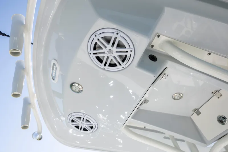 Slide: The Image of 2023 Pathfinder 2300 HPS boat speakers and storage compartment detail. - 27