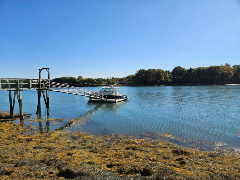 Slide: The Image of Back Cove 33 Express 2008 docked on a serene lake under a clear blue sky. - 40