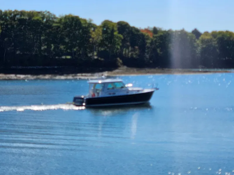 Slide: The Image of 2008 Back Cove 33 Express boat cruising on a serene lake with forested shoreline. - 5