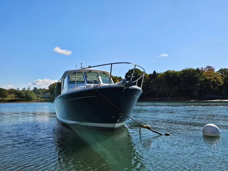 Slide: The Image of 2008 Back Cove 33 Express boat anchored on a serene lake under a clear blue sky. - 8