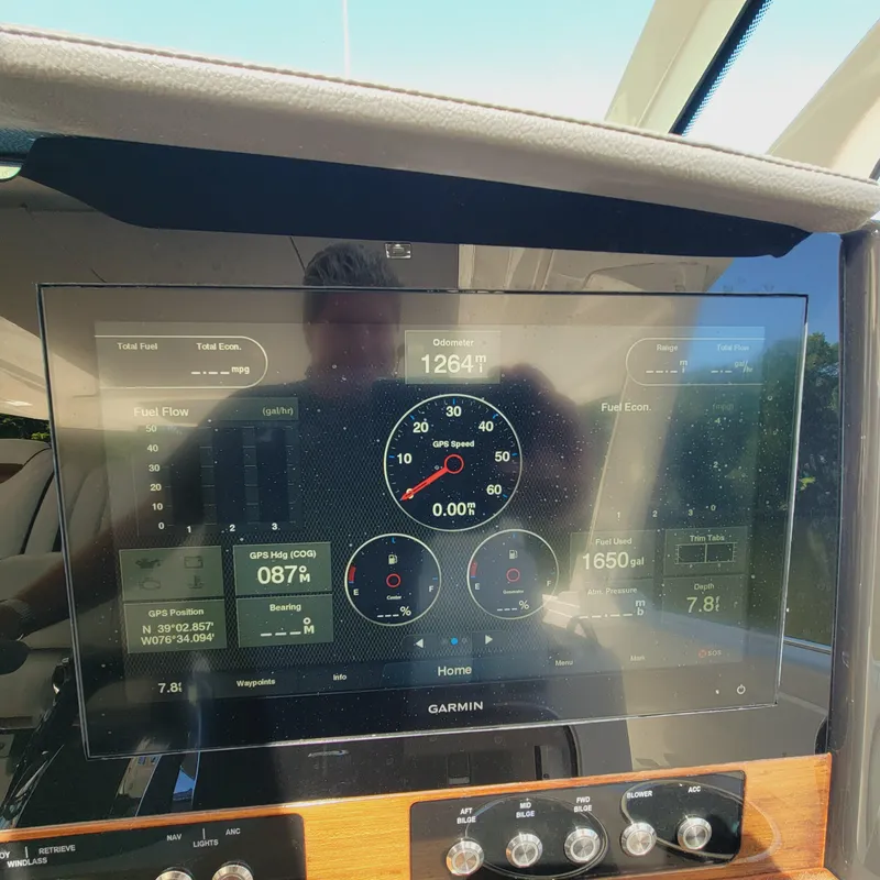 Slide: The Image of Dashboard of 2021 Tiara Yachts 38 LS showing Garmin navigation and performance data. - 42