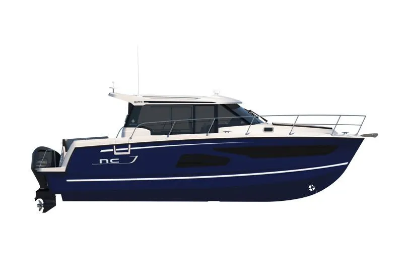 Slide: The Image of 2025 Jeanneau NC1095 Coupe boat, sleek design, blue hull, side view. - 18