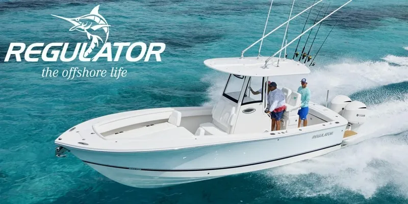 Slide: The Image of 2020 Regulator 25 boat cruising on clear blue water, showcasing offshore fishing lifestyle. - 33