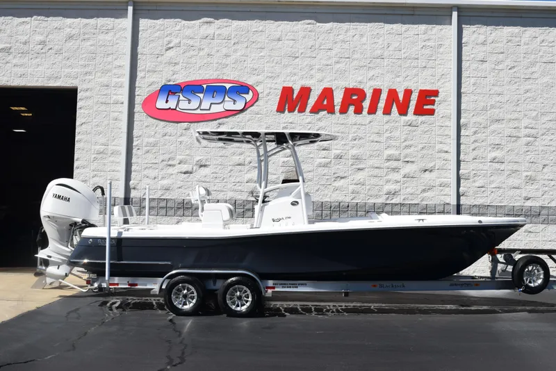 Slide: The Image of 2025 BlackJack 256 Coastal boat on trailer at GSPS Marine dealership. - 1