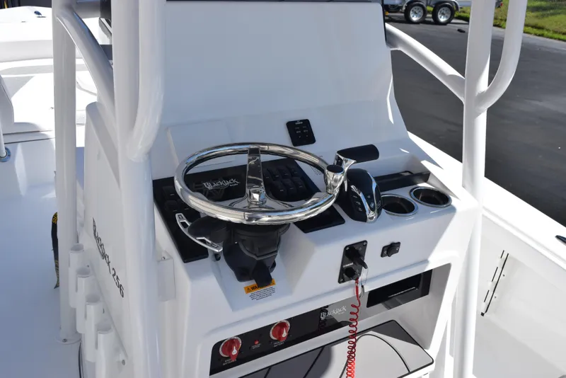 Slide: The Image of 2025 BlackJack 256 Coastal boat console with steering wheel and controls. - 11