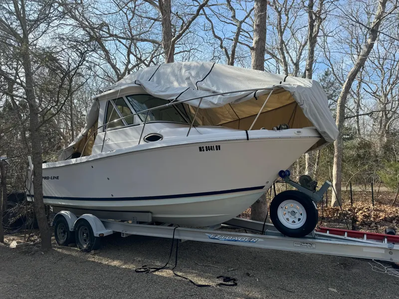 The Image of 2008 Pro-Line 23 XP boat on trailer, covered, in wooded area. - 1