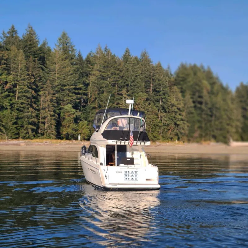 Slide: The Image of 2004 Meridian 341 yacht on calm water with forested shoreline in background. - 5