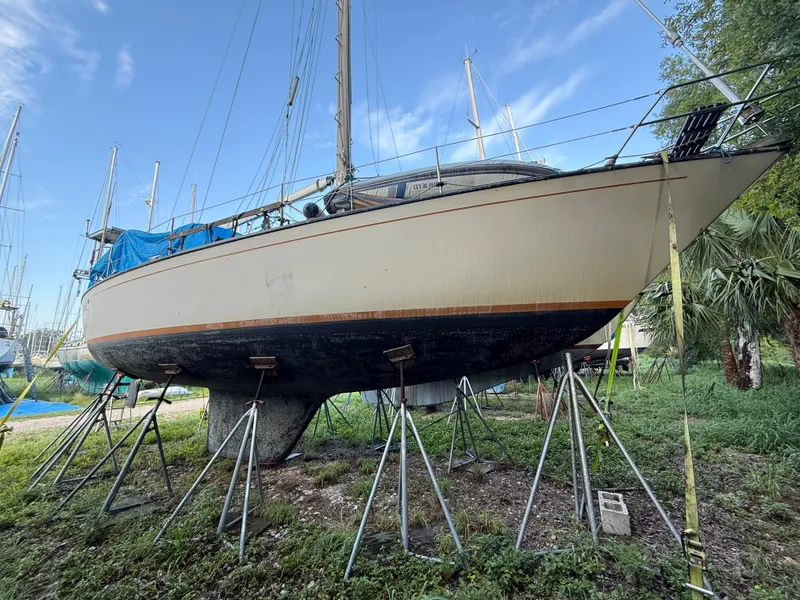 Slide: The Image of 1981 S2 11A sailboat on stands, surrounded by grass and trees, under a clear blue sky. - 23