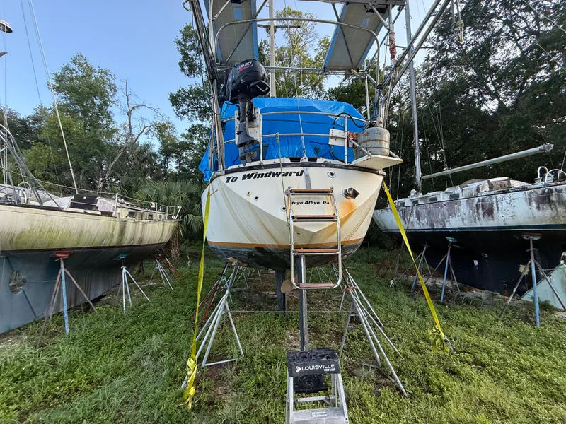 Slide: The Image of 1981 S2 11A sailboat "To Windward" on stands, surrounded by trees and other boats. - 33