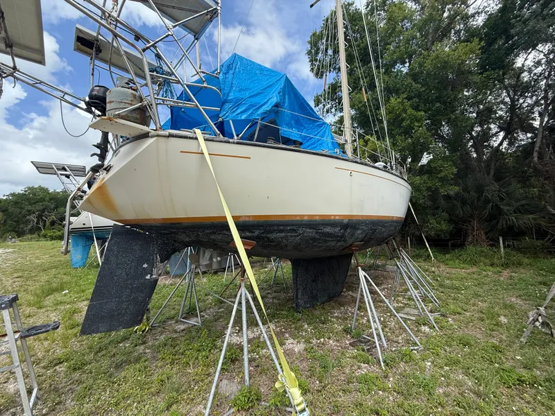 Slide: The Image of 1981 S2 11A sailboat on stands, covered with blue tarp, outdoors. - 6