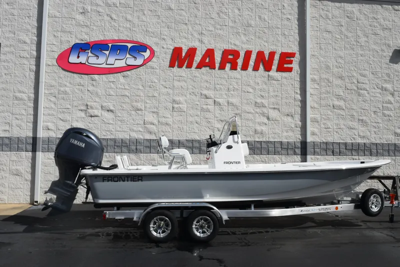 Slide: The Image of 2025 Frontier 2104 boat on trailer at GSPS Marine dealership. - 1