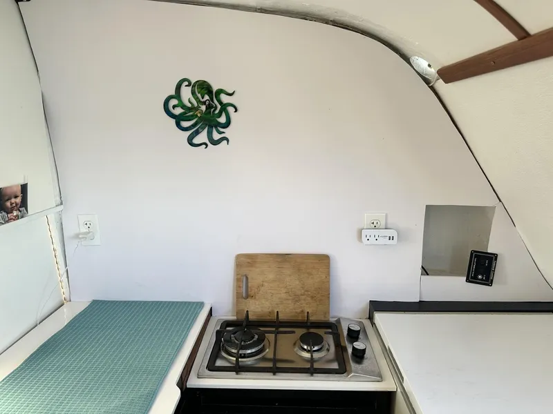 Slide: The Image of Compact kitchen in a 1972 Custom 53 Catamaran with stove, cutting board, and wall art. - 15