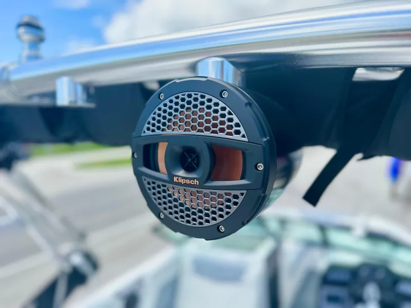 Slide: The Image of Klipsch speaker on 2023 MasterCraft NXT24 boat, mounted on a metal frame. - 8