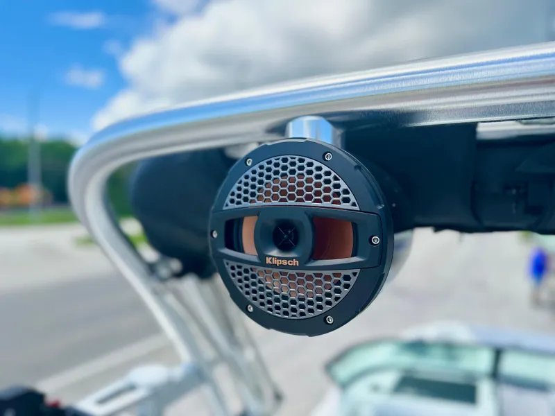 Slide: The Image of Klipsch speaker on 2023 MasterCraft NXT24 boat, mounted on a metal frame. - 9