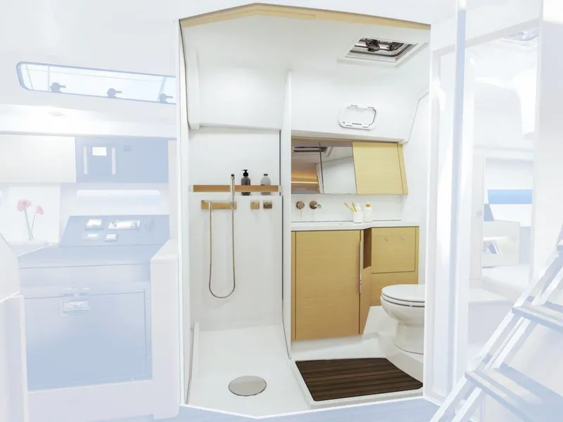 Slide: The Image of Modern bathroom interior of 2025 Hanse 410 yacht, featuring sleek design and wooden accents. - 19