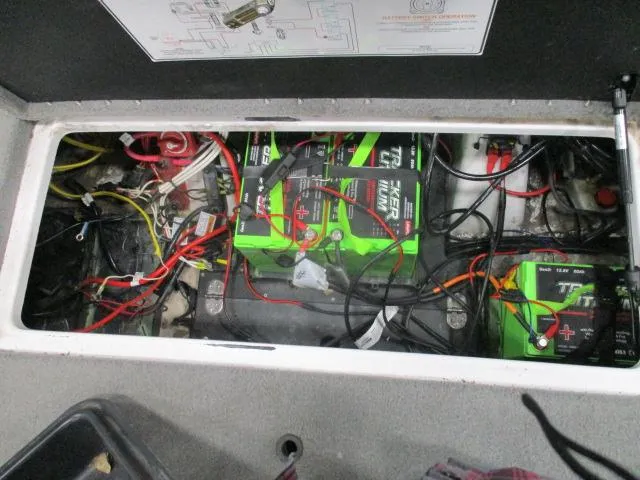 Slide: The Image of 2024 Nitro Z20 boat battery compartment with wiring and green batteries. - 19