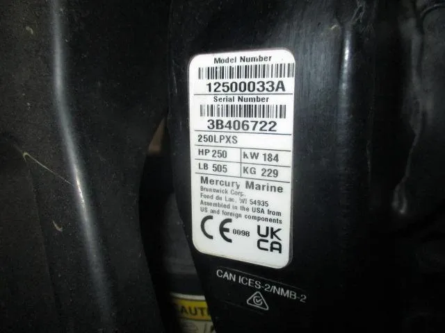 Slide: The Image of Label on Mercury Marine engine, model 250LPXS, 250 HP, 2024 Nitro Z20. - 21