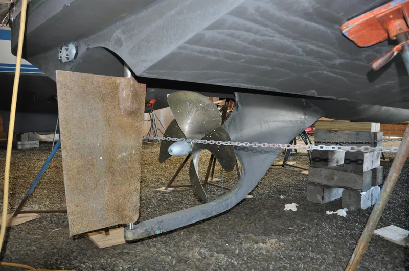 Slide: The Image of Propeller and rudder of 2005 True North 33 boat on dry dock. - 34