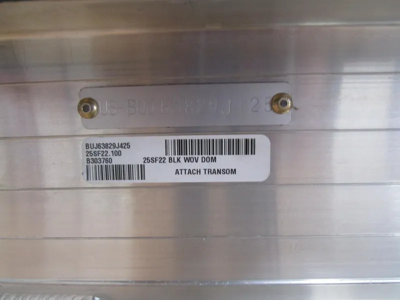 Slide: The Image of 2025 Sun Tracker Sport Fish 22 boat identification plate with barcode and serial number. - 12