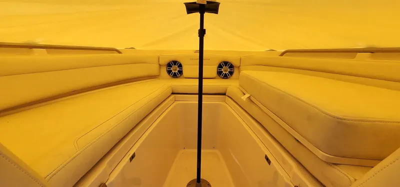 Slide: The Image of Interior of 2023 Grady-White Freedom 235 boat with cushioned seating and speakers. - 24