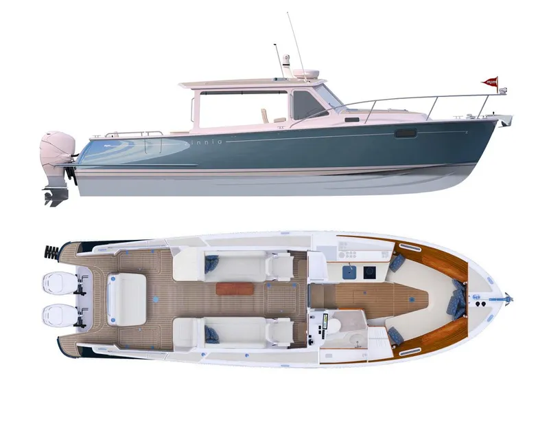 Slide: The Image of 2023 MJM 35z boat, side and top view, featuring sleek design and spacious deck layout. - 35