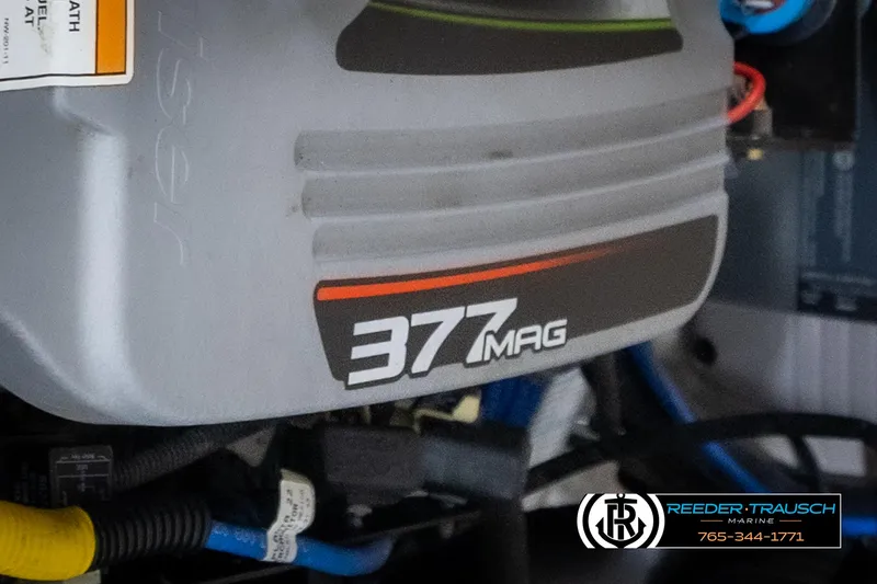 Slide: The Image of Engine of 2014 Crownline 255 SS boat, featuring 377 MAG branding. - 46
