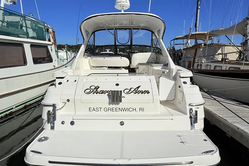 Slide: The Image of 2007 Regal Commodore 3760 IB yacht docked, rear view, East Greenwich, RI. - 3